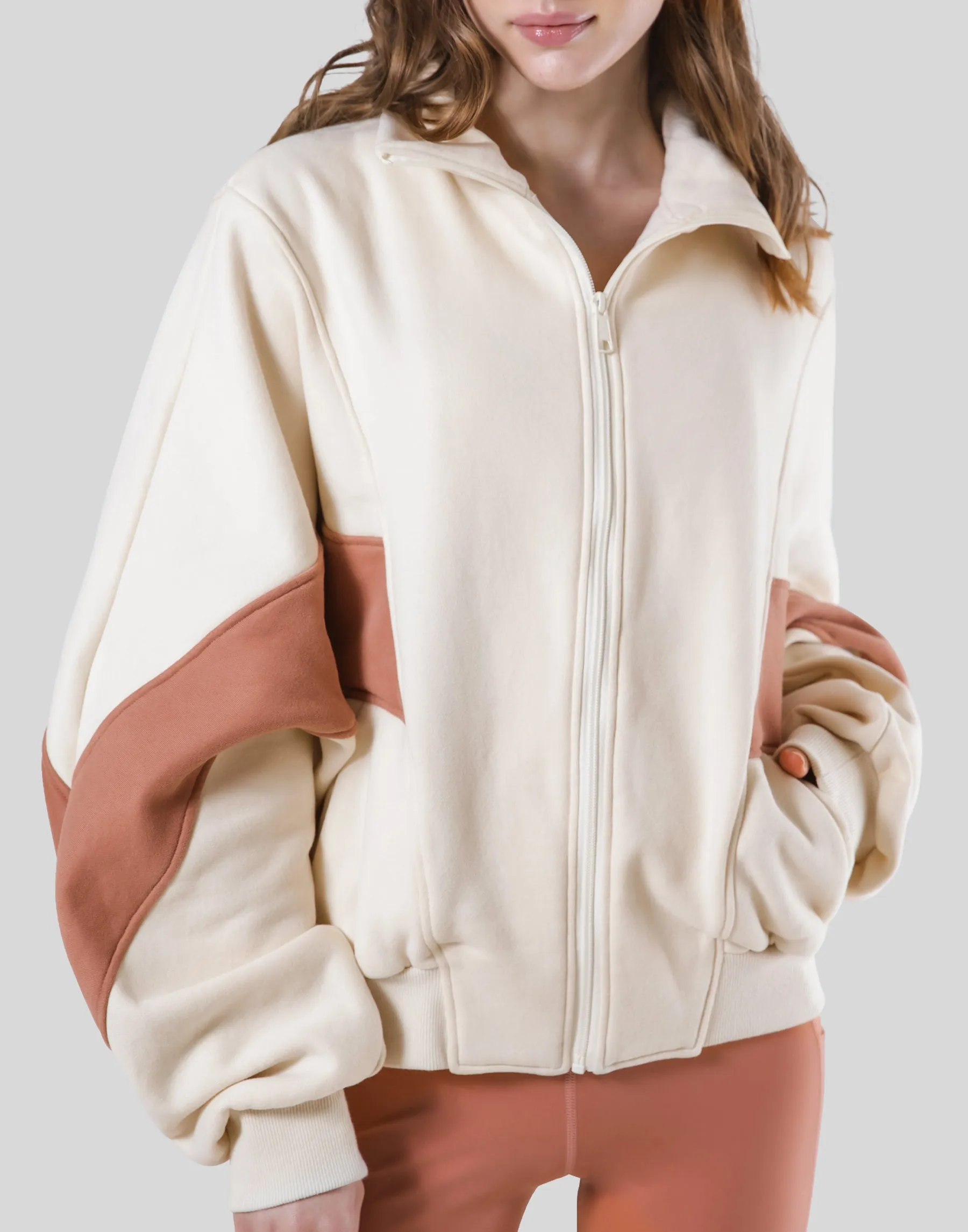 Loose Fit Zip Up Sweat Jacket - Ivory / Coral