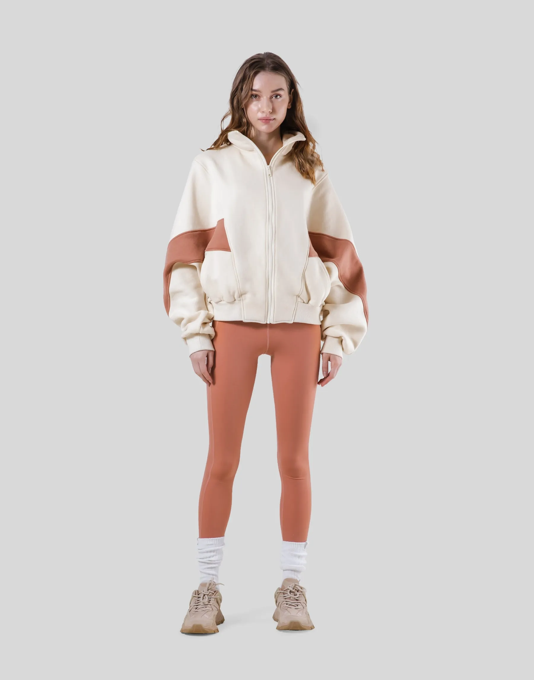 Loose Fit Zip Up Sweat Jacket - Ivory / Coral