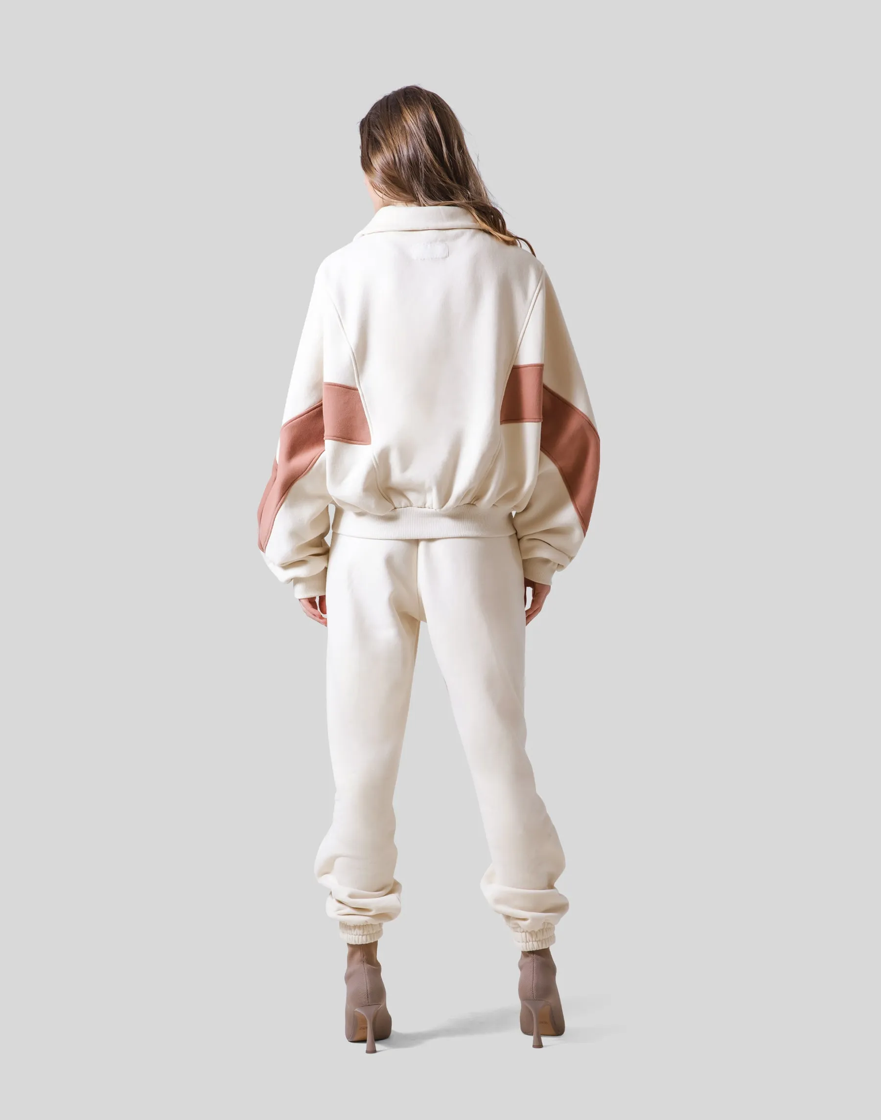 Loose Fit Zip Up Sweat Jacket - Ivory / Coral