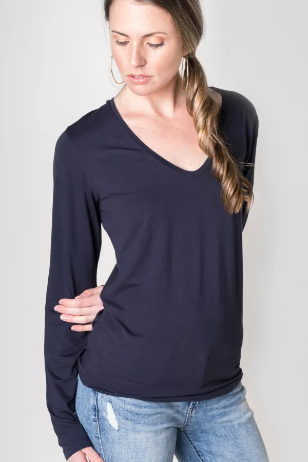 Majestic Long Sleeve Viscose V-Neck Tee in Marine