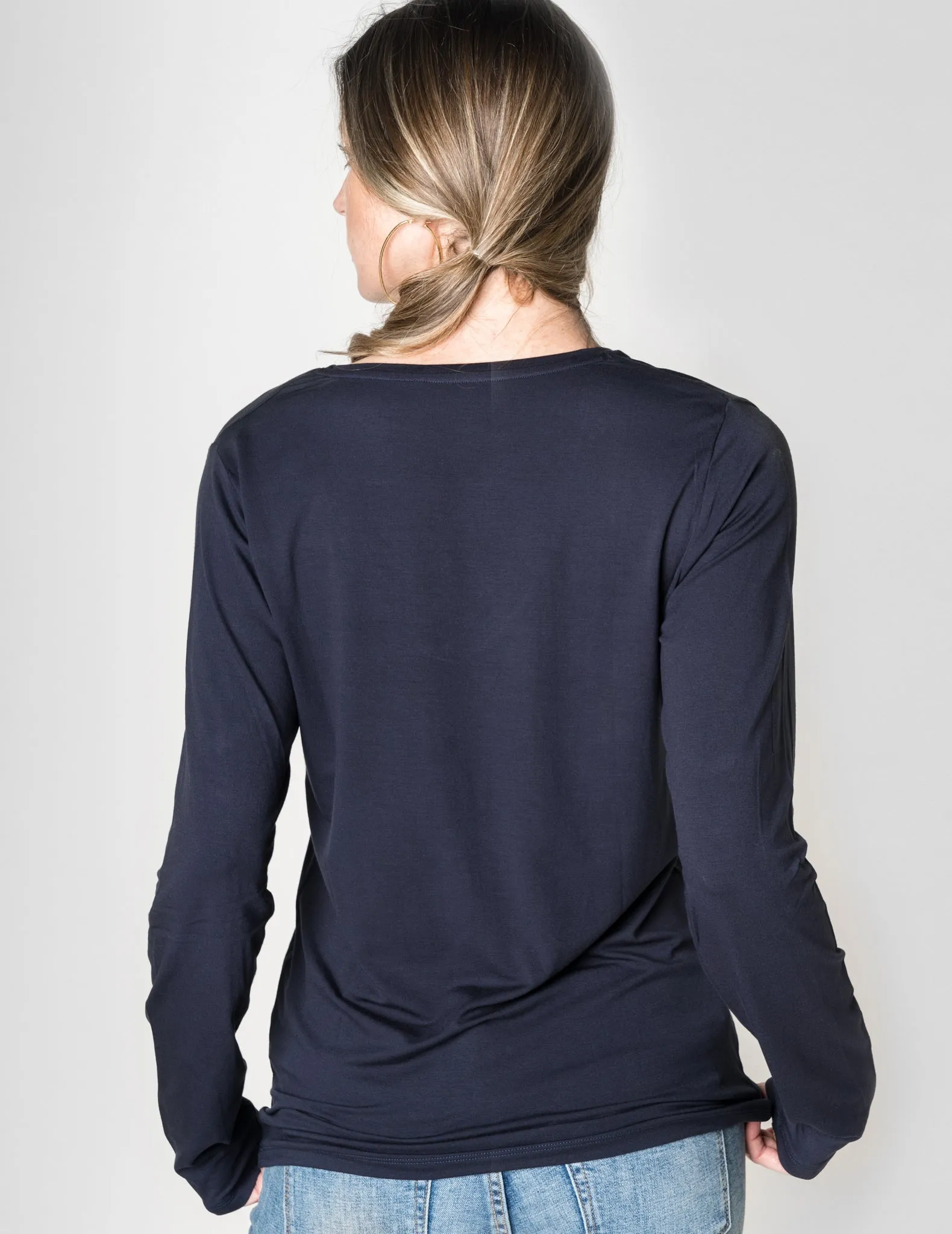 Majestic Long Sleeve Viscose V-Neck Tee in Marine