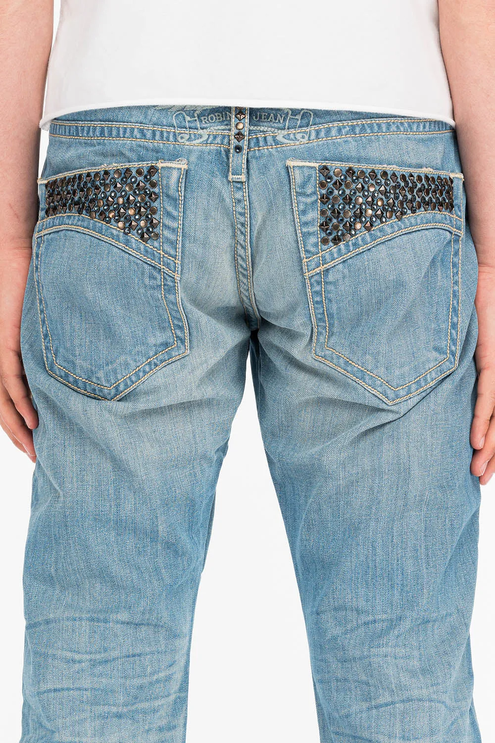 MENS CLASSIC 5 POCKET STRAIGHT LEG JEANS IN 3D LIGHT WITH STUDS AND CRYSTALS