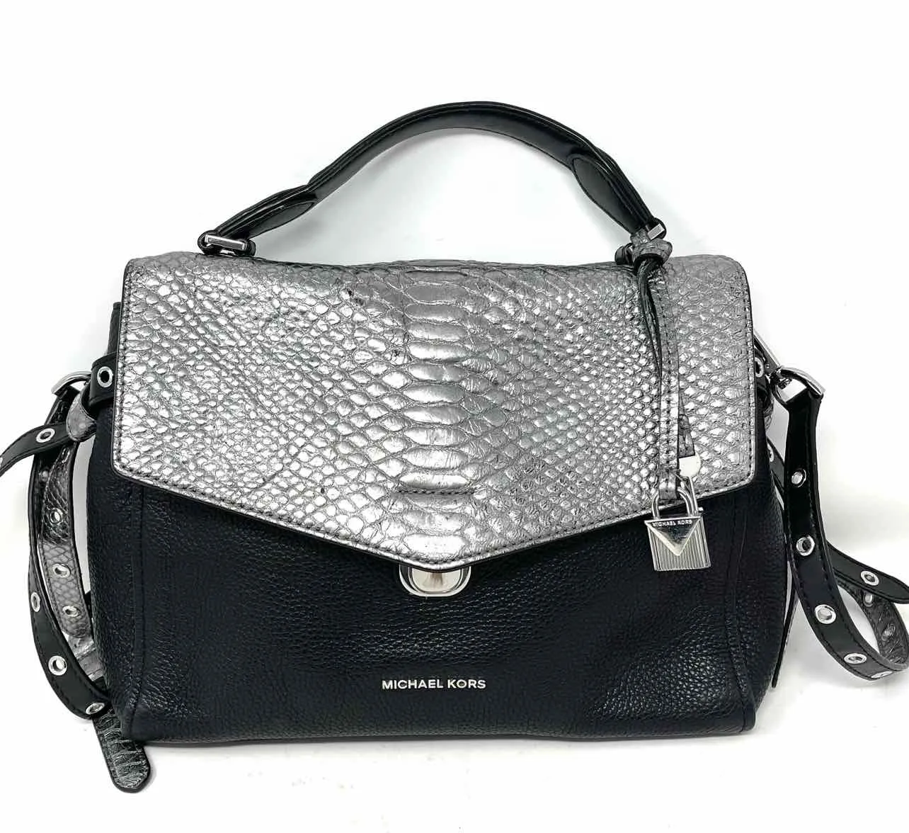 Michael Michael Kors Black/Silver Reptile Leather Designer Satchel