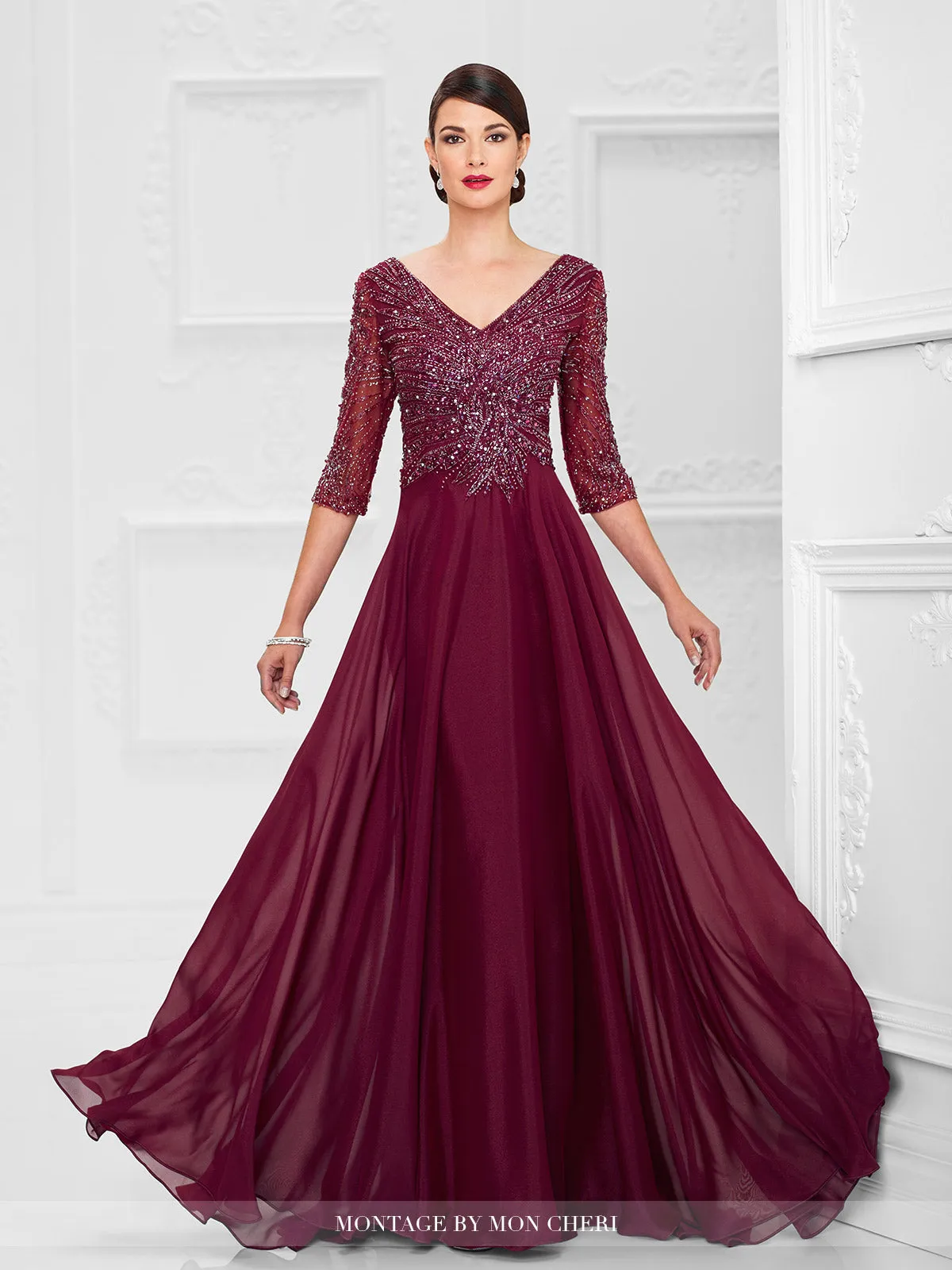 Montage 116950 Beaded Chiffon A-Line Gown with Fully beaded 3/4 sleeve and V-Neckline