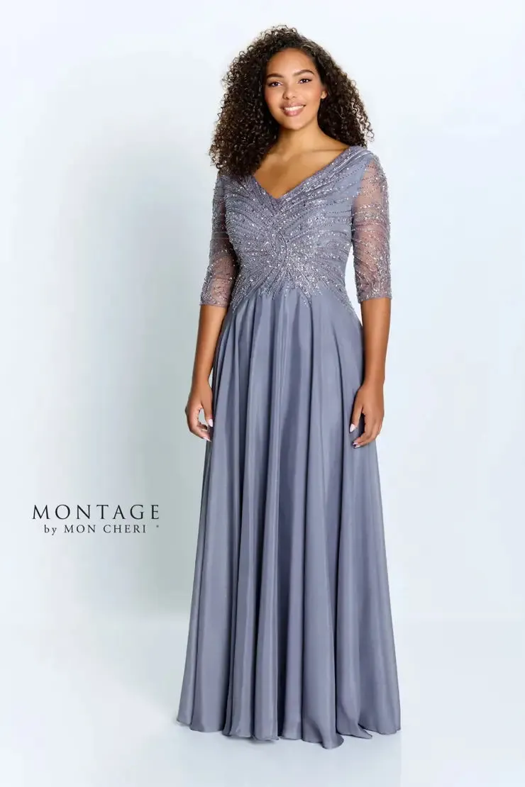 Montage 116950 Beaded Chiffon A-Line Gown with Fully beaded 3/4 sleeve and V-Neckline