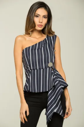 Navy Blue and White One-shoulder Asymmetrical Top