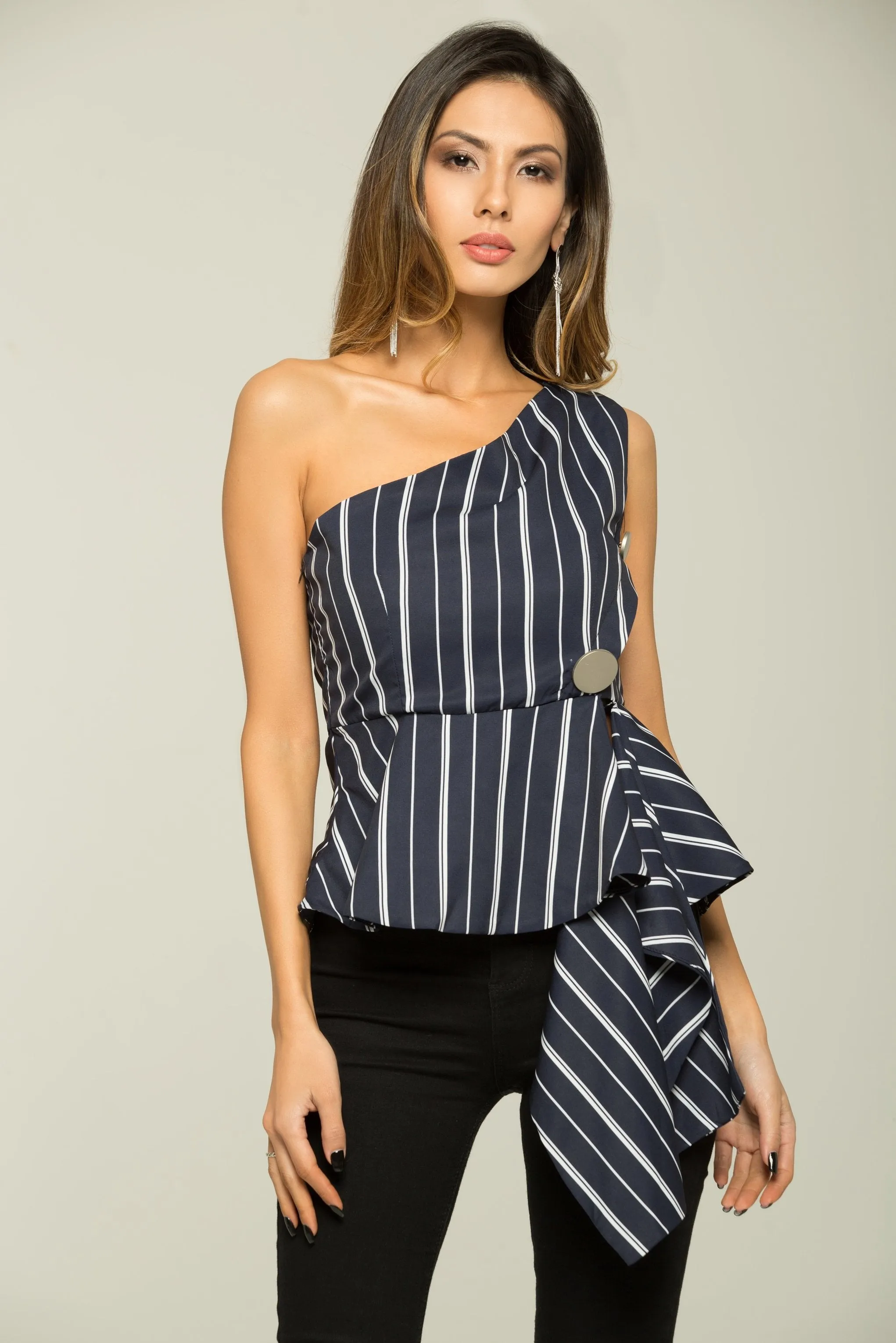 Navy Blue and White One-shoulder Asymmetrical Top