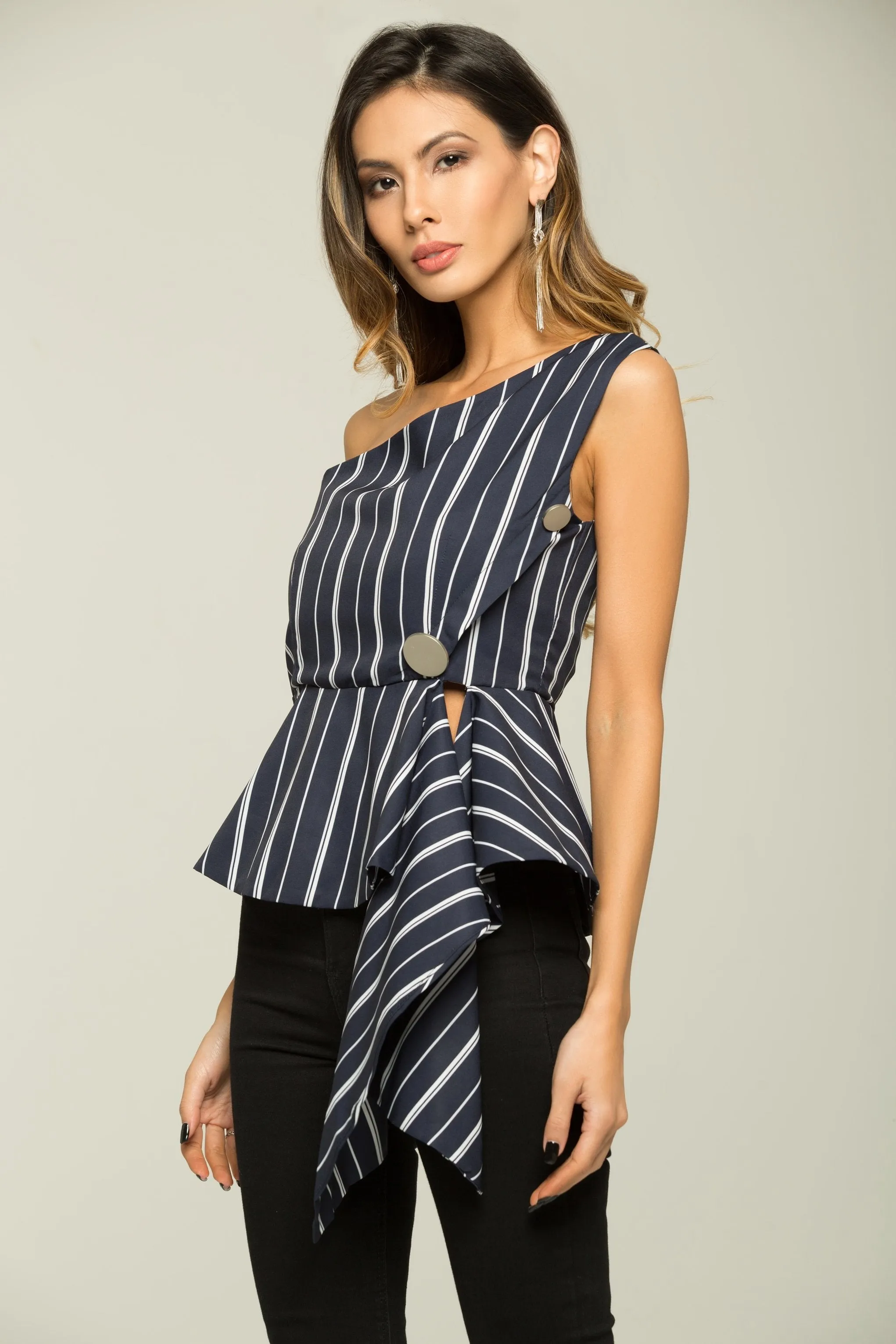 Navy Blue and White One-shoulder Asymmetrical Top