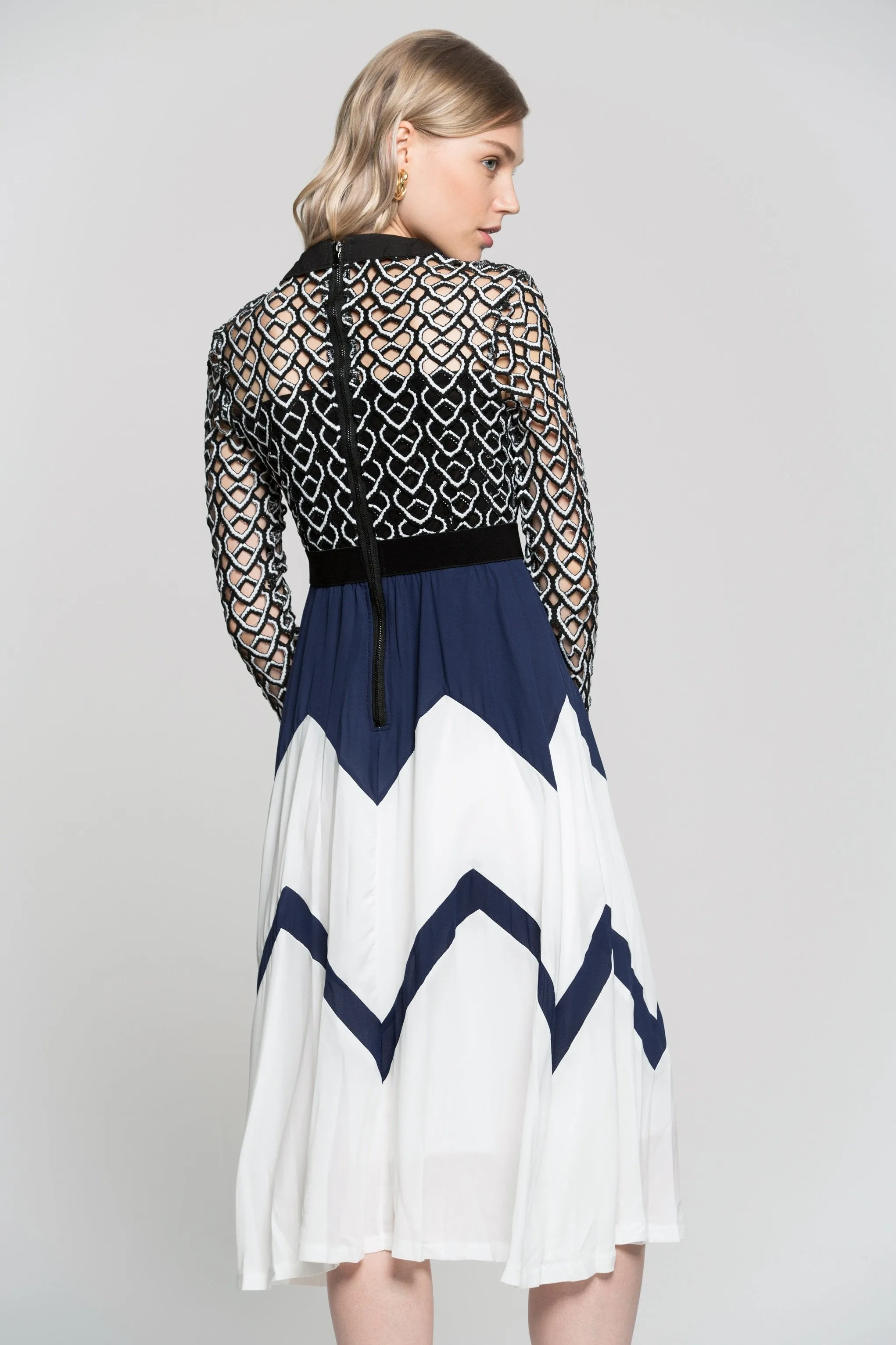 Navy Blue Black And White Detailed Embroidered Dress