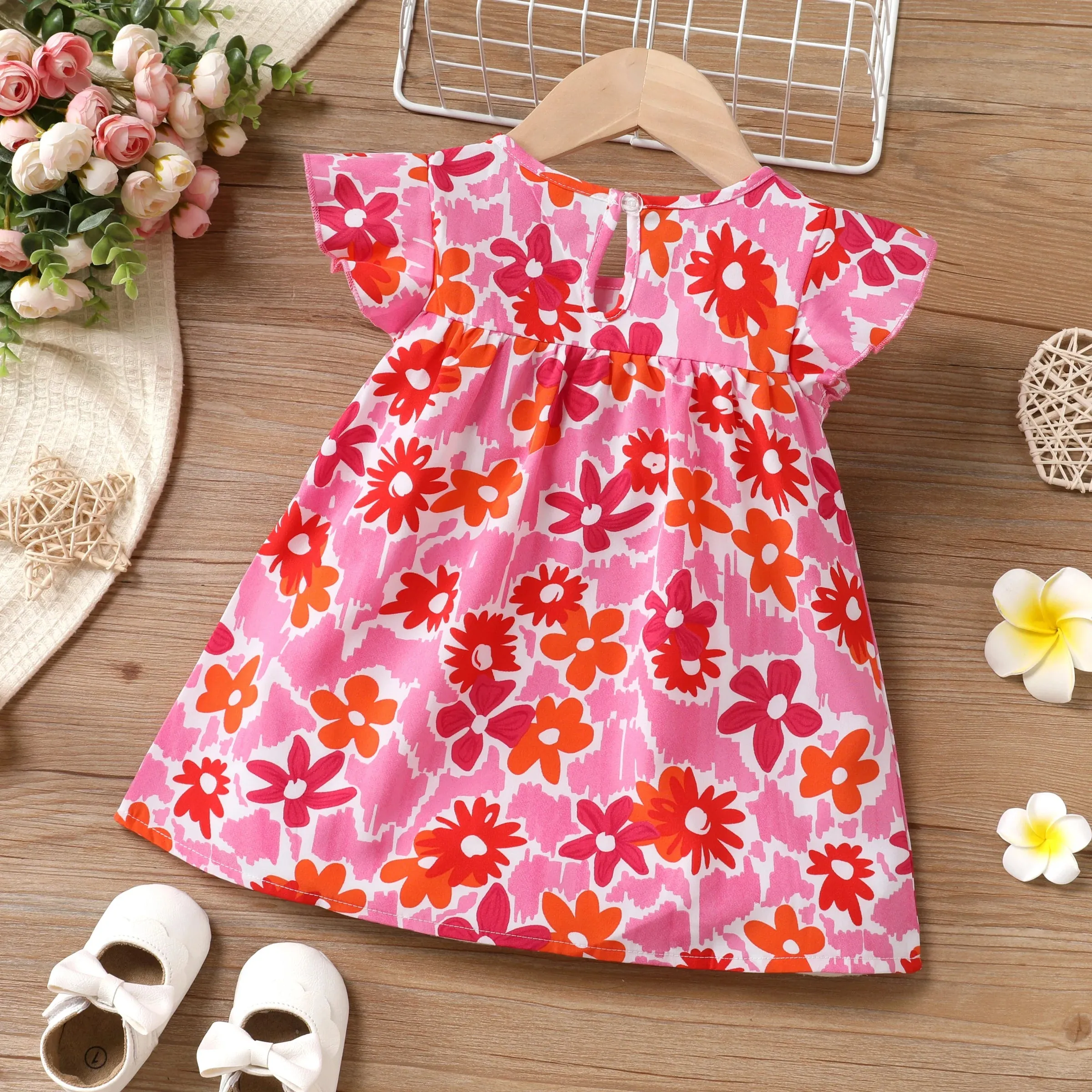 PP-100% Cotton Baby Girl All Over Floral Print Flutter-Sleeve Loose-Fit Dress PP66