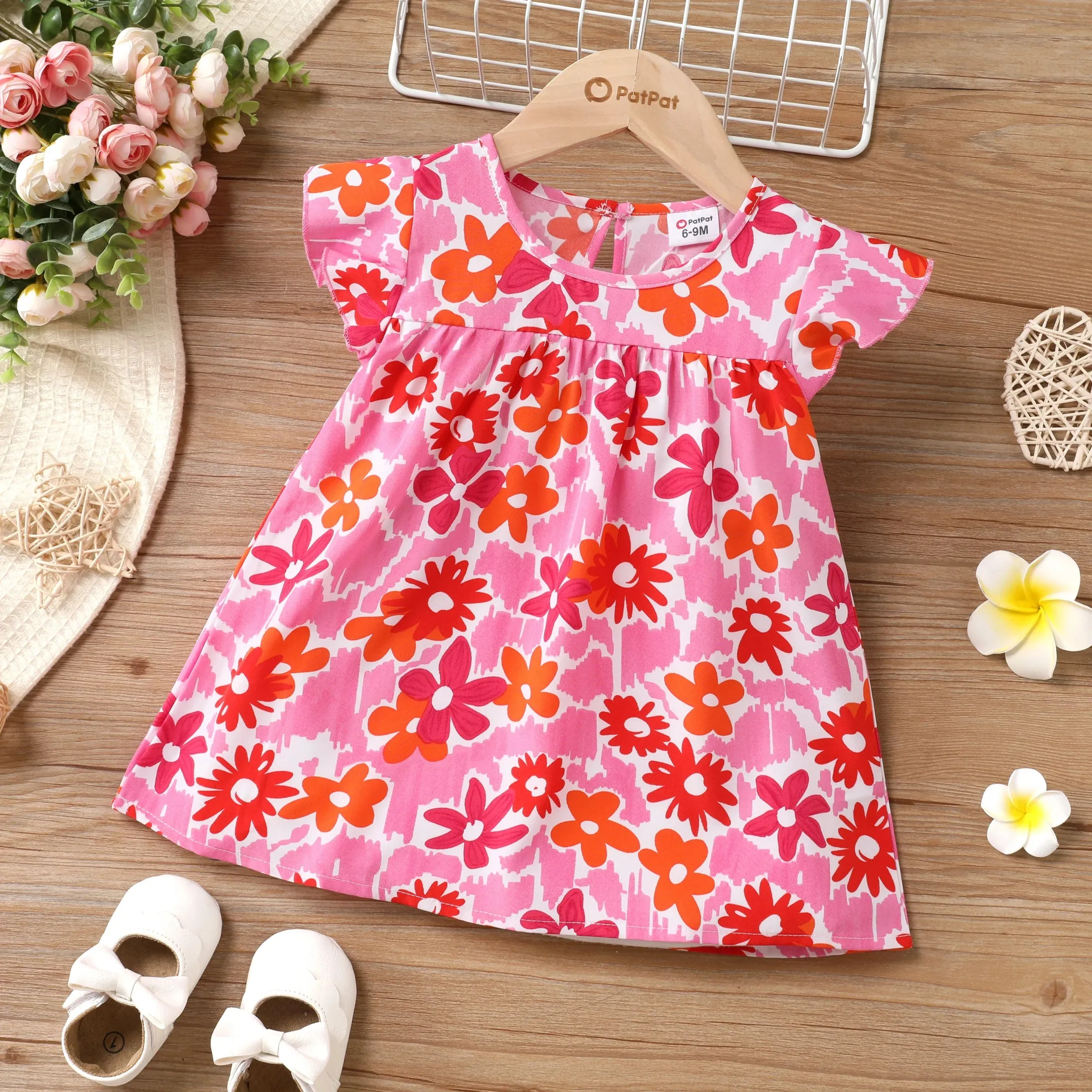 PP-100% Cotton Baby Girl All Over Floral Print Flutter-Sleeve Loose-Fit Dress PP66