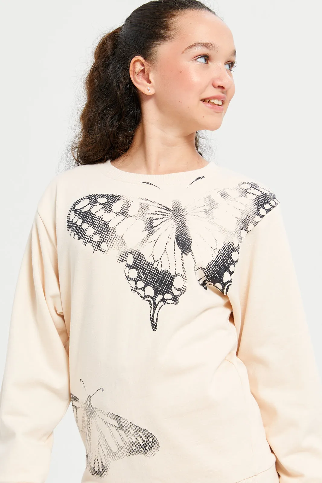 Senior Girls Beige Butterfly Print Sweatshirt