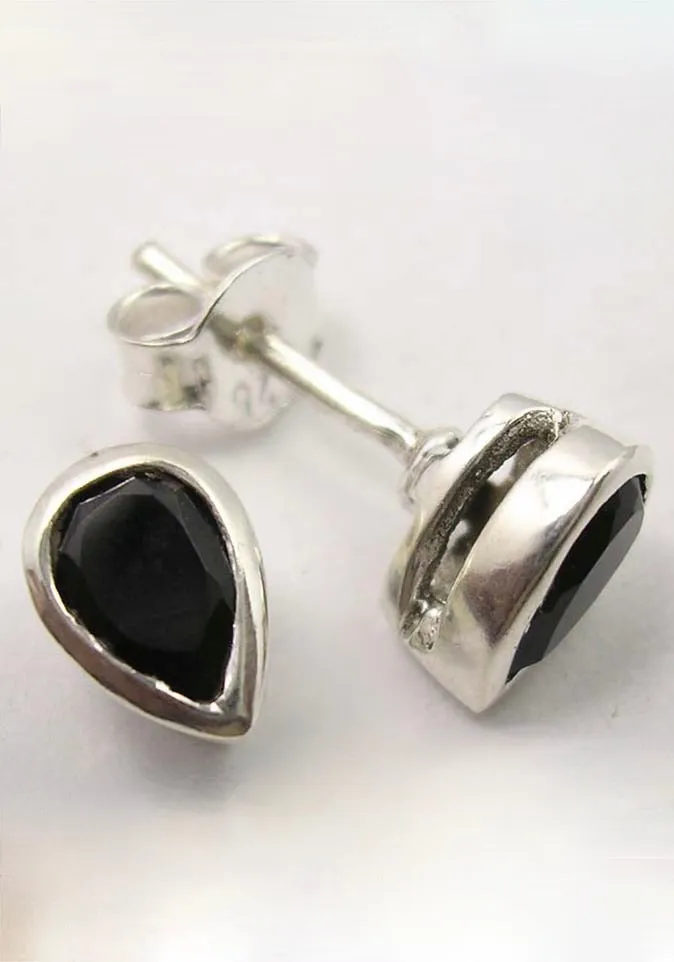 Solid Silver Black Onyx Tear-Drop Stud Earrings