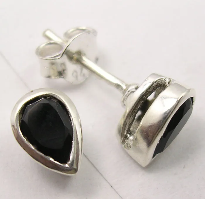 Solid Silver Black Onyx Tear-Drop Stud Earrings