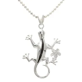 Sterling Silver Gecko with Black Enamel and Plumeria with CZ Pendant (Chain Sold Separately)