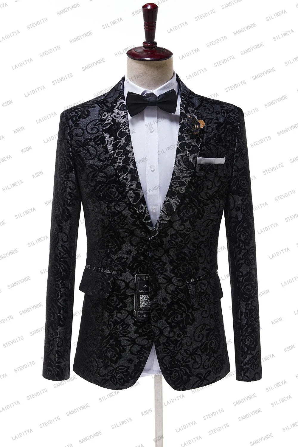 Tailor mkae Wedding Prom Suit Black Jacquard Floral Peaked Lapel Slim Fit Tuxedo Men Formal Business Work Wear Suits 2Pcs Set