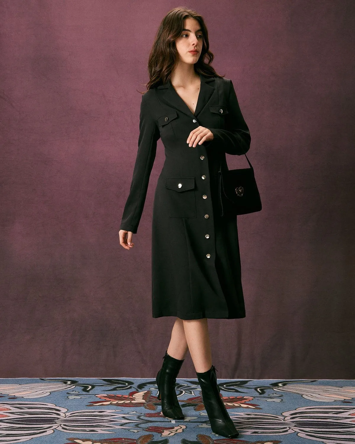 The Black Lapel Button Up A Line Midi Dress