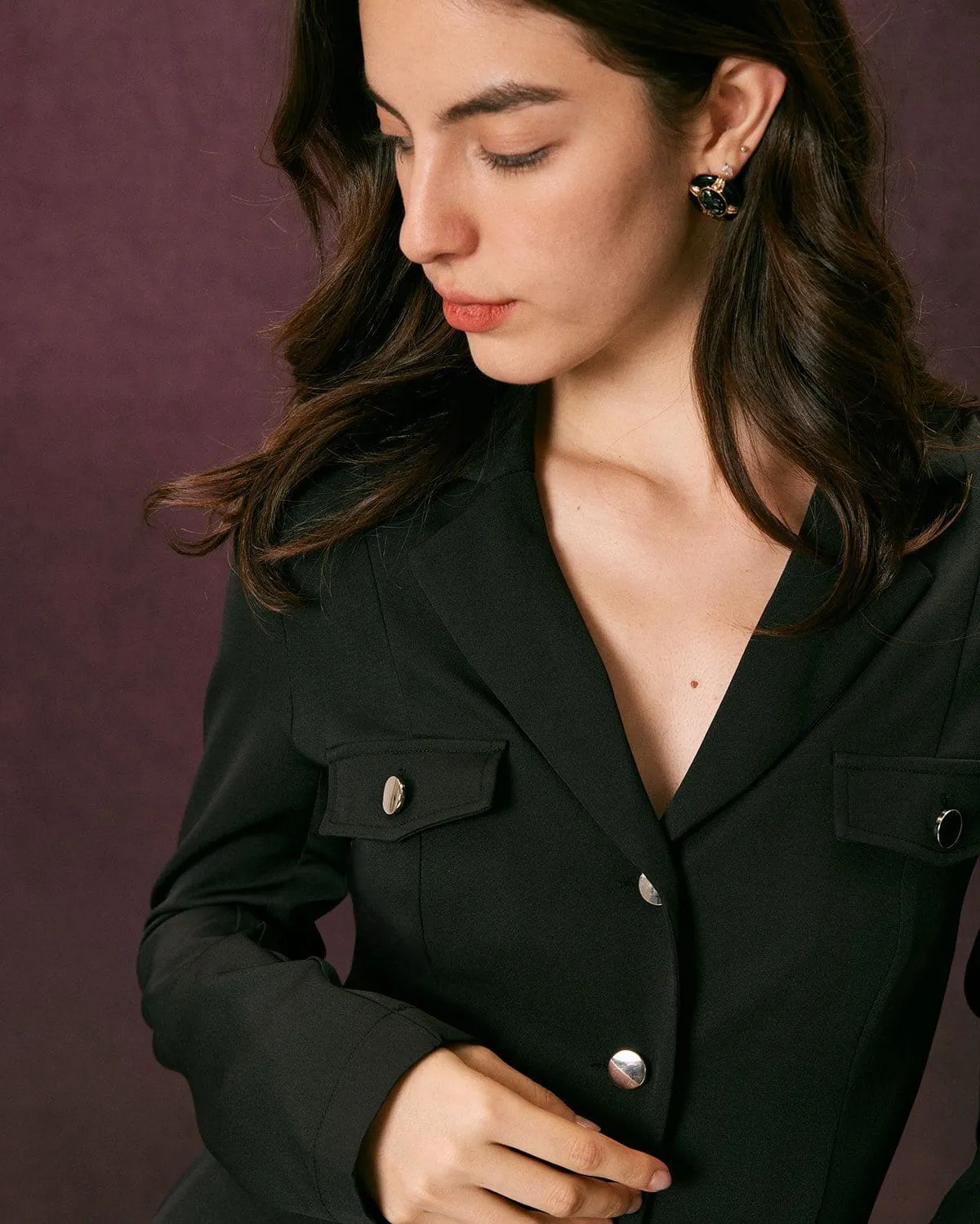 The Black Lapel Button Up A Line Midi Dress