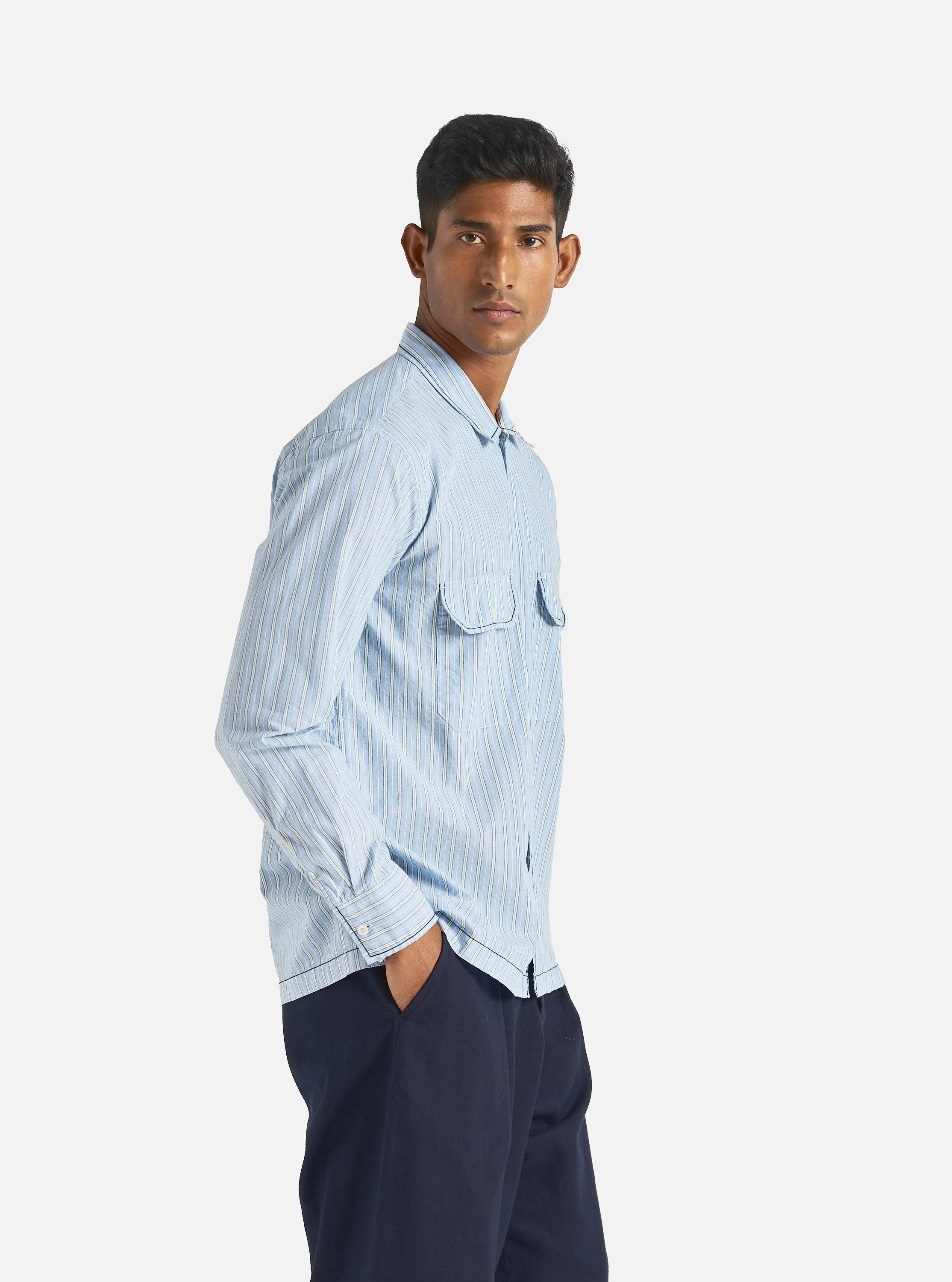 Universal Works Embroidered L/S Utility Shirt in Blue Chelsea Cotton Stripe