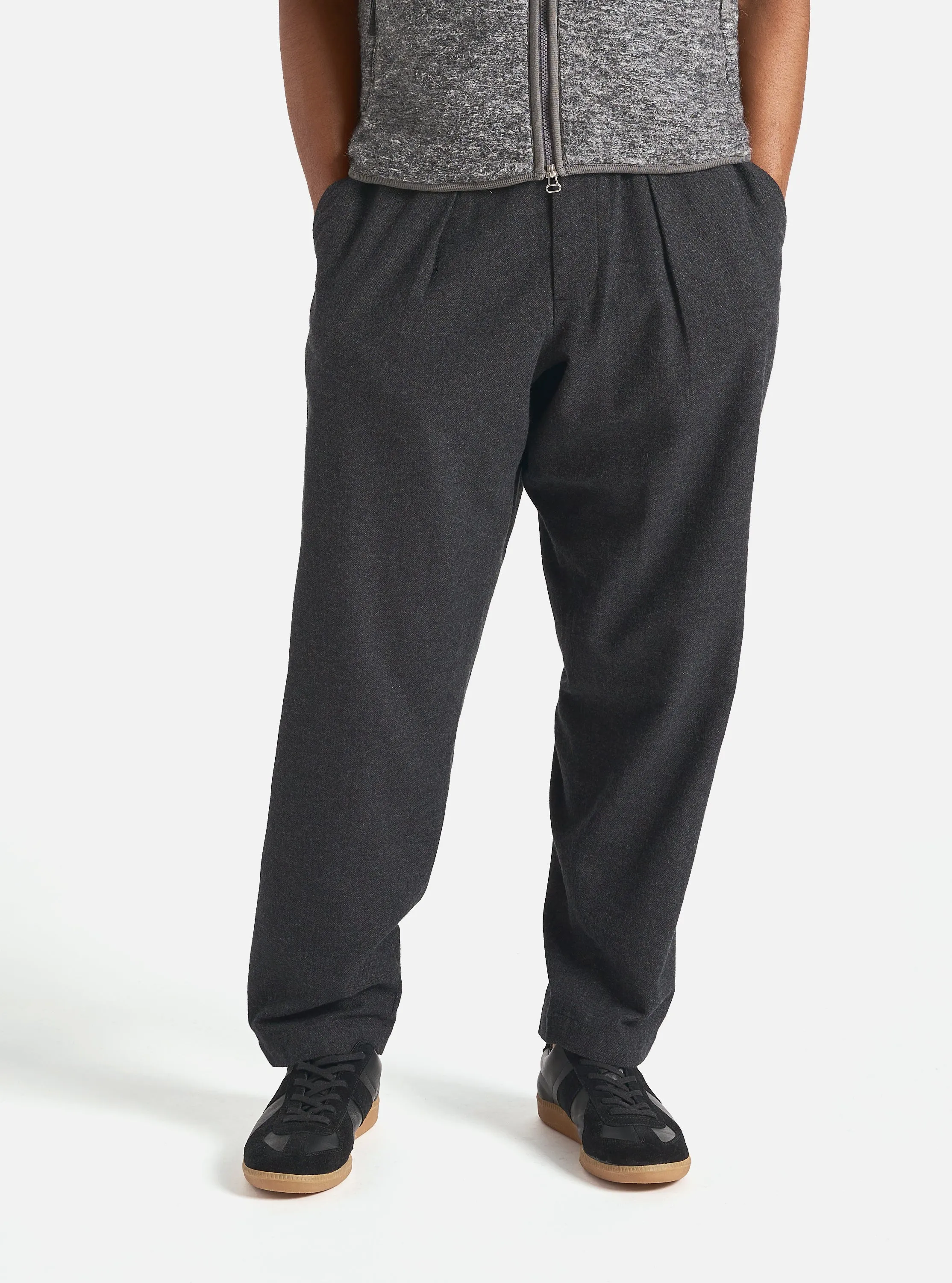 Universal Works Pleated Track Pant in Charcoal Veta Upcycled Cotton