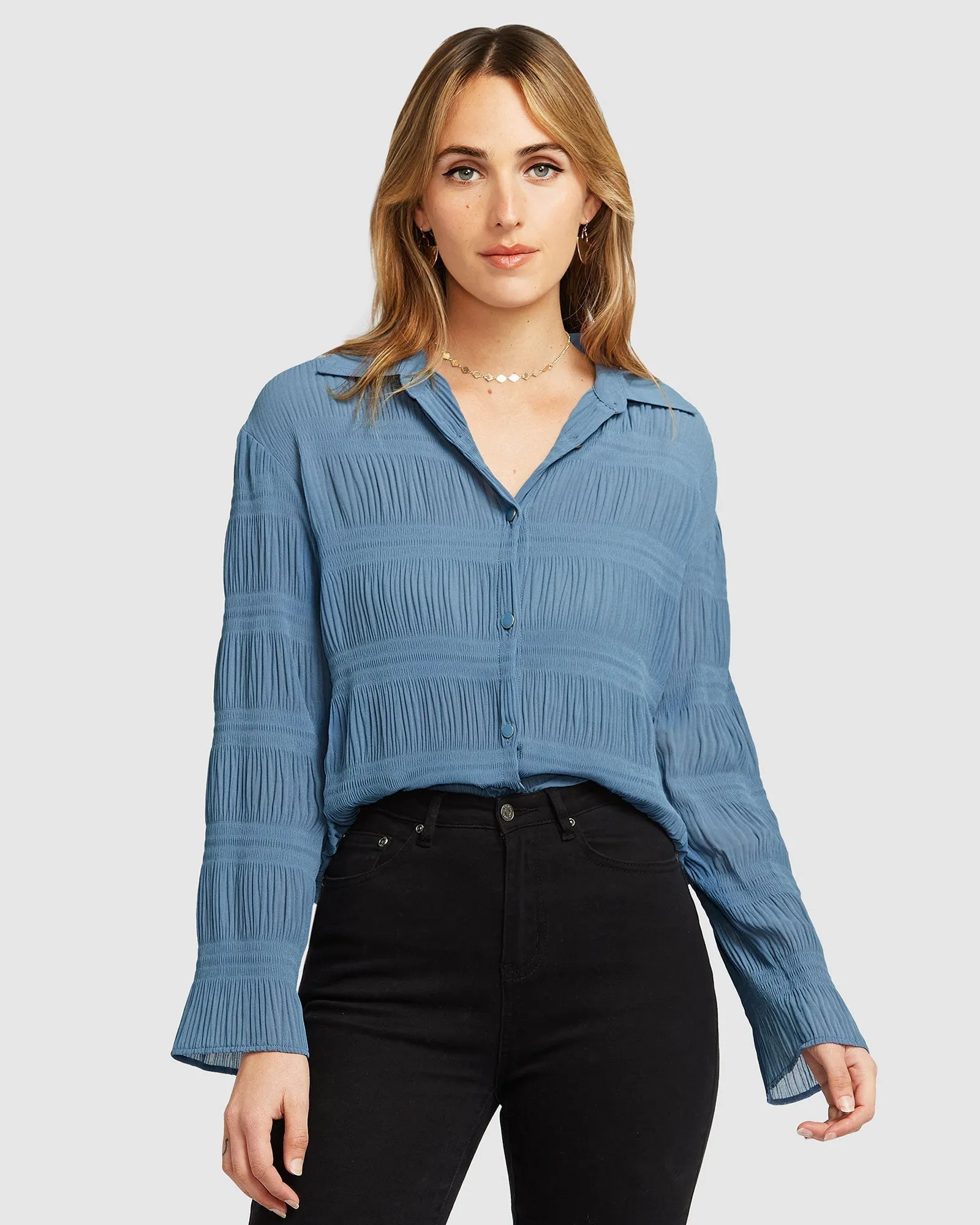 Yoko Shirred Chiffon Blouse - Dusty Blue FINAL SALE