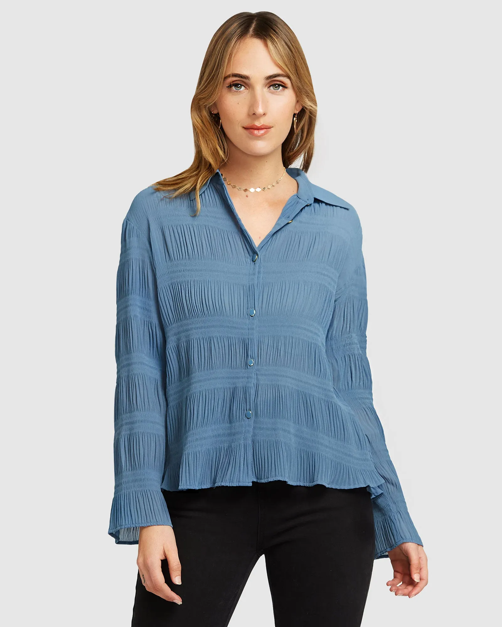 Yoko Shirred Chiffon Blouse - Dusty Blue FINAL SALE