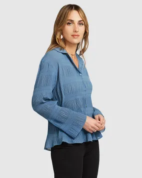 Yoko Shirred Chiffon Blouse - Dusty Blue FINAL SALE