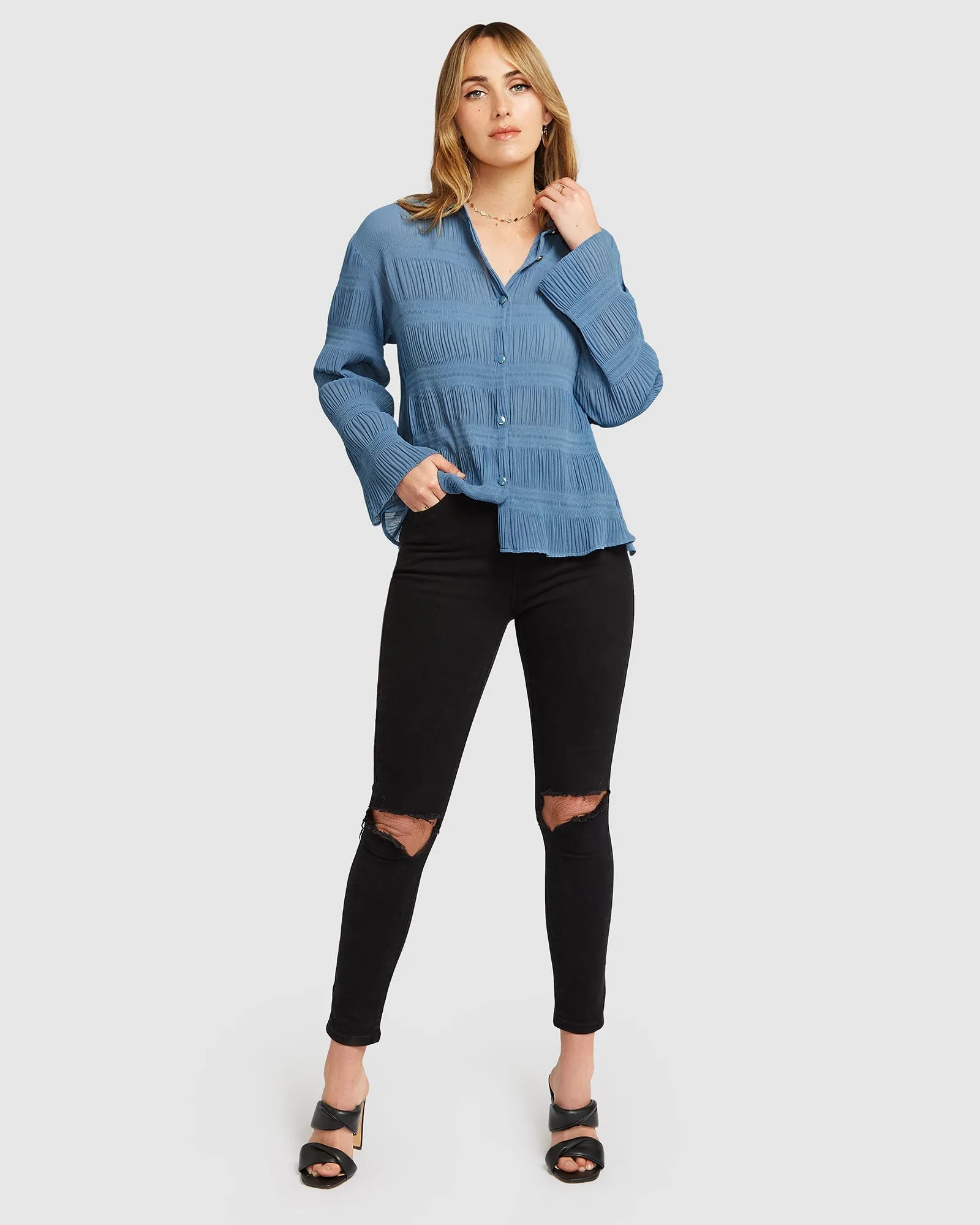 Yoko Shirred Chiffon Blouse - Dusty Blue FINAL SALE