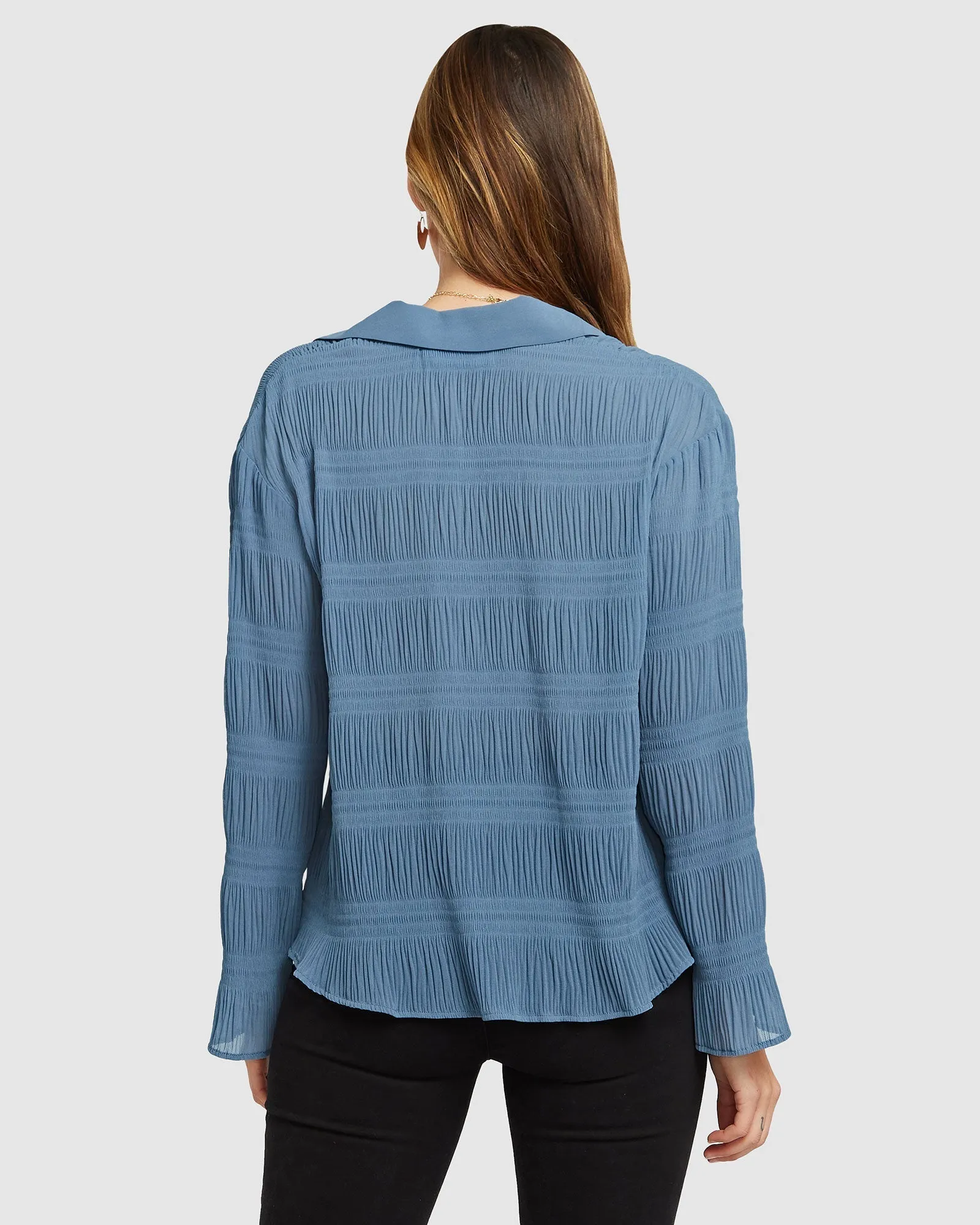 Yoko Shirred Chiffon Blouse - Dusty Blue FINAL SALE