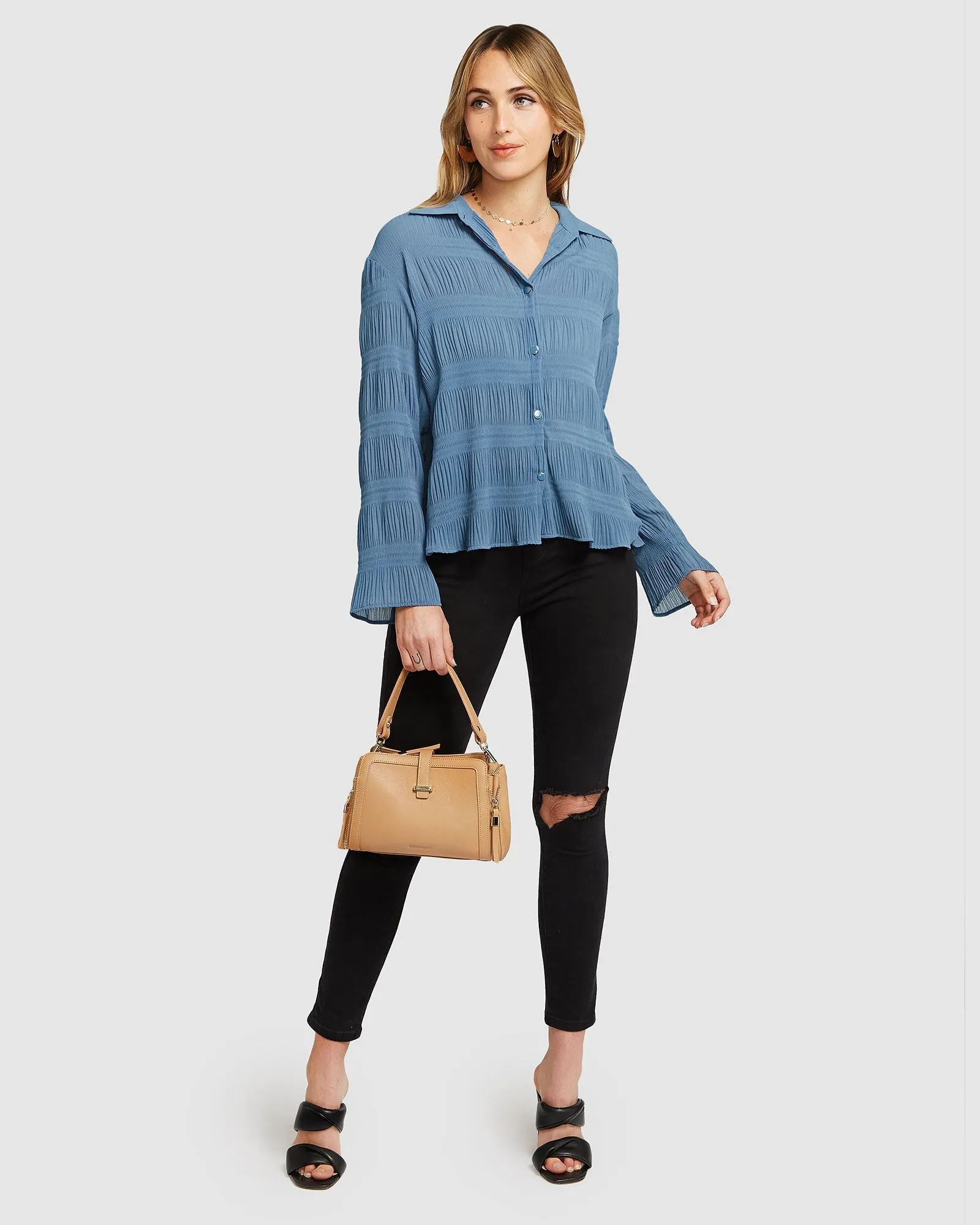 Yoko Shirred Chiffon Blouse - Dusty Blue FINAL SALE